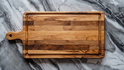 Poster - Wooden cutting board on marble background ideal for culinary designs and product presentations with ample space for text or branding.