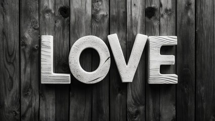 Poster - Black and White Typography of the Word LOVE on Rustic Wood Background with Ample Copy Space for Creative Designs and Advertisements