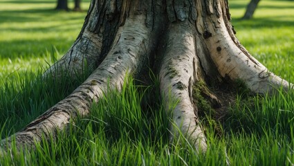 Poster - Tree trunk with textured roots surrounded by lush green grass under natural sunlight in a serene outdoor setting.