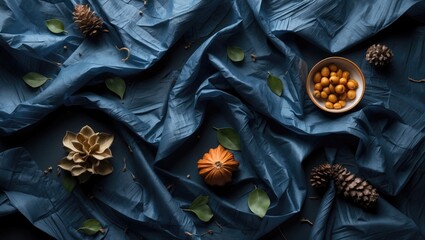 Poster - elegant flat lay of blue textured fabric with autumn decorations including pine cones and decorative