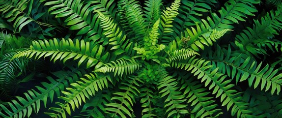 Poster - Vibrant top view of lush green fern leaves creating a rich textured pattern in a natural setting perfect for botanical designs.