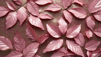 Poster - Pink copper leaf background with a shiny textured surface creating a delicate and artistic composition for design and decoration.