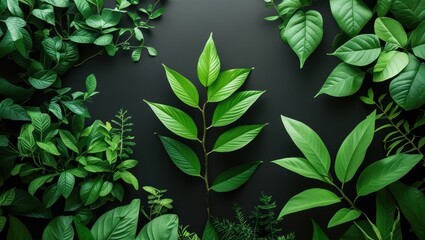 Poster - Green foliage arrangement on black background ideal for nature themes in design, wallpaper, and print media highlighting sustainability.
