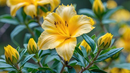 Poster - Golden Thryallis flower in focus showcasing vibrant yellow petals and lush green leaves, ideal for ornamental garden and landscaping design.