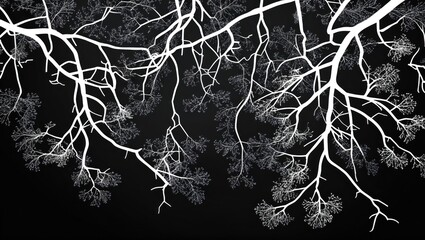 Poster - White silhouette of tree branches with intricate foliage design against a deep black background creating a striking contrast and artistic aesthetic.