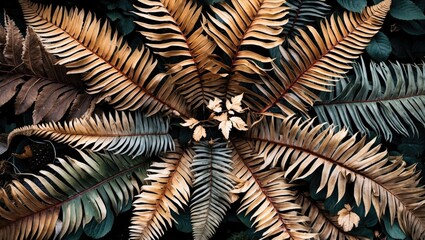 Poster - Top view of a large fern arrangement showcasing vibrant green and dry brown leaves creating a natural botanical pattern.