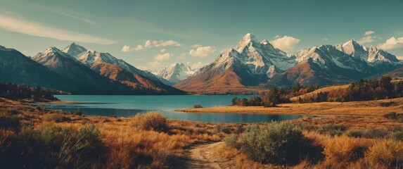 Poster - Nature Landscape Poster with Retro Colors and Textured Background Featuring Mountains, Lake, and Autumnal Vegetation in Scenic View.