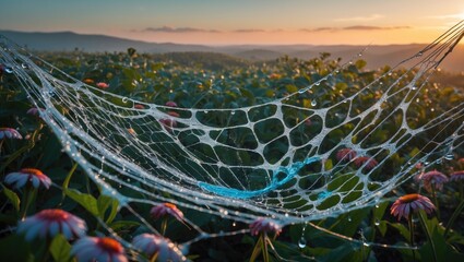 Poster - Morning Dew on Spider Web Captured in a Vibrant Field with Colorful Flowers and Scenic Hills in Soft Sunrise Light