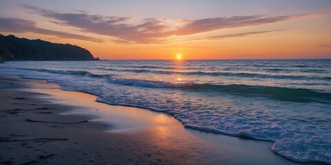 Poster - Serene Coastal Sunset over Calm Waves and Beach, Ideal for Relaxation and Inspirational Text Overlay