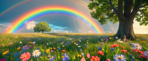 Poster - Vibrant Flower Meadow Under a Rainbow with Lush Trees and Clear Copy Space for Text or Messages