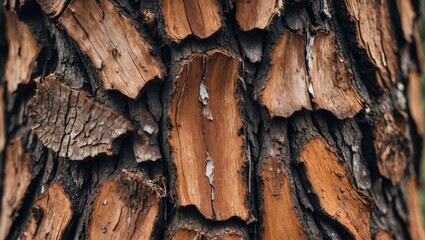 Wall Mural - Textured brown tree bark close-up showcasing intricate patterns and natural tones ideal for backgrounds and nature-themed designs.