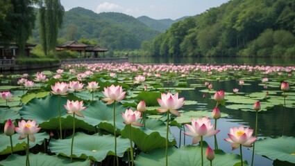 Wall Mural - scenic reservoir landscape adorned with vibrant blooming lotus flowers surrounded by lush greenery a