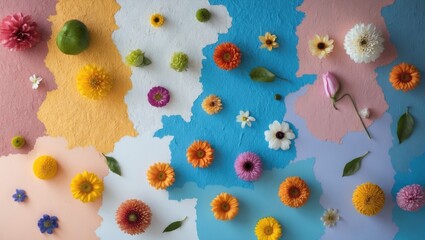 Poster - Colorful wall textures adorned with assorted flowers and fruits creating a vibrant and artistic composition for interior design inspiration.