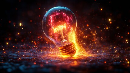 Aufkleber - Illuminated light bulb on fiery surface with sparks and glowing filaments at night. Innovation and energy concept