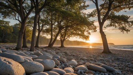 Poster - Serene Sunset Over Pebble Beach Framed by Trees with Warm Light Illuminating the Coastal Landscape