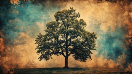 Poster - Vintage tree silhouette against an aged textured background with warm tones and atmospheric clouds for artistic projects.