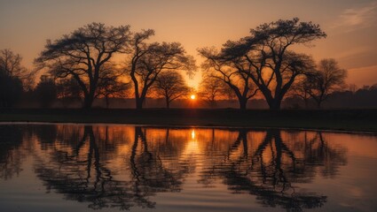 Poster - Serene Sunset Reflection of Tree Silhouettes on Water with Clear Space for Text Overlay in Tranquil Natural Landscape
