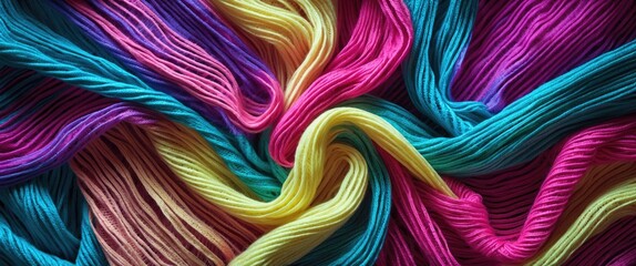 Poster - Colorful twisted knitted fabric showcasing vibrant hues in a dynamic swirl design, perfect for textile and fashion-related projects.