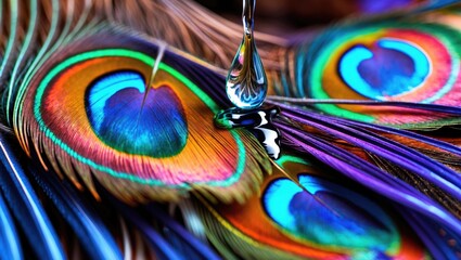 Poster - Vibrant close-up of a colorful peacock feather adorned with a water droplet showcasing nature's intricate textures and stunning color palette.