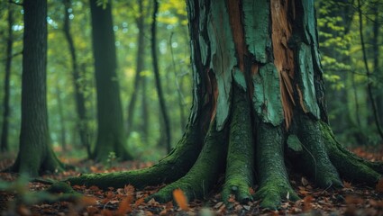 Poster - Majestic tree bark with intricate roots in a serene forest setting showcasing nature's beauty and ecological harmony.