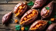 © Giovanni - Baked sweet potatoes with diced filling on rustic wooden table showcasing healthy eating and vintage aesthetics in a warm setting.