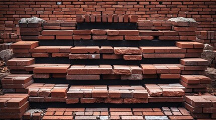 Poster - Arrangement of bricks resembling steps with textured surfaces and earthy tones in an outdoor setting showcasing architectural design elements