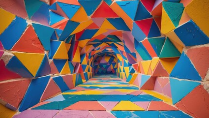  - Colorful geometric tunnel adorned with vibrant triangular bricks creating a striking visual experience. Ideal for art and design themes.