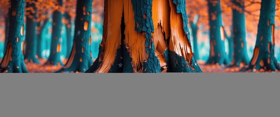 Poster - Vibrant forest scene highlighting damaged tree trunks with peeling bark amidst a colorful autumn setting and fallen leaves.