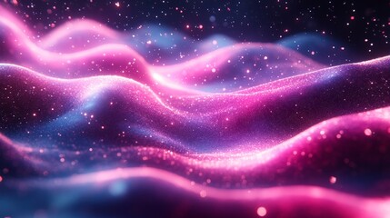 Aufkleber - Abstract waves of pink and purple light with sparkling particles against dark background. Futuristic digital landscape concept
