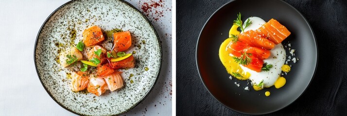 Aufkleber - Salmon dishes served on black and white plates with vibrant garnishes and sauces at an upscale dining venue. Generative AI