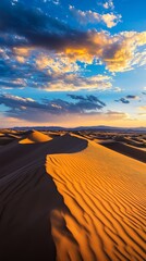 Wall Mural - Golden sand dunes under vibrant sunset sky with dramatic clouds, desert landscape. Tranquility and natural beauty concept