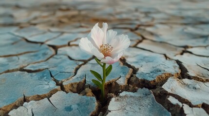 Poster - A delicate bloom rising from cracked cement, symbolizing environmental sustainability and perseverance.