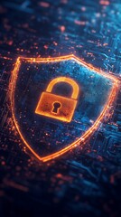 Poster - Digital security concept with glowing padlock and shield on cyber background. Cybersecurity and data protection symbol
