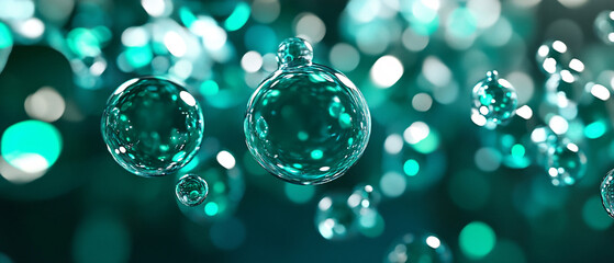 Poster - a close-up view of shimmering turquoise bubbles floating against a blurred background, creating a me