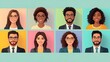 © THE IZEL ART - flat vector illustration of diverse multicultural avatars of men and women, representing a happy, inclusive community. characters in professional business attire, inclusion.