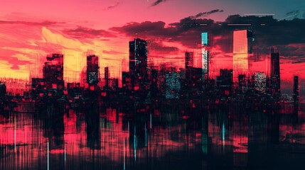 Aufkleber - A glitch-art style pixelated cityscape with shifting colors.