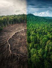 Poster - Deforestation and Conservation Show Contrast Between Dead Land and Lush Forest. Generative AI