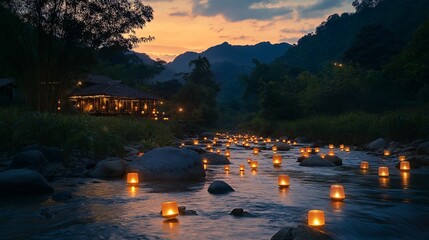 Sticker - A hidden valley with floating lanterns lighting up a river at dusk