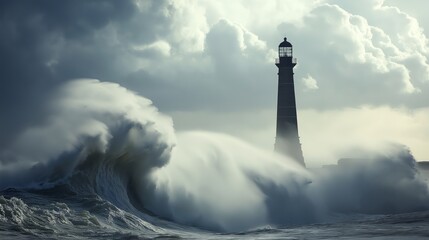 Aufkleber - A lone lighthouse standing against enormous storm waves. 