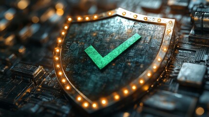 Aufkleber - Illuminated shield with checkmark icon on a circuit board in warm light, symbolizing digital security and protection. Cybersecurity concept
