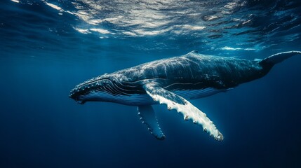 Poster - Majestic humpback whale swimming underwater in deep blue ocean. Marine life and wildlife photography concept