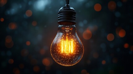 Aufkleber - Glowing incandescent light bulb with warm filament against blurred bokeh background. Illumination and innovation concept