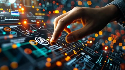 Fototapete - A hand interacts with a colorful digital display, exploring advanced technology in an engaging and immersive environment