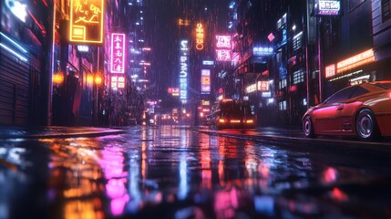 Poster - A retro 80s-inspired city with neon lights reflecting on wet streets.