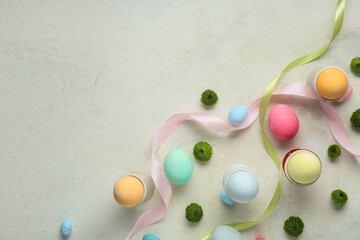 Canvas Print - Composition with ribbon, egg holders with Easter eggs on beige grunge background