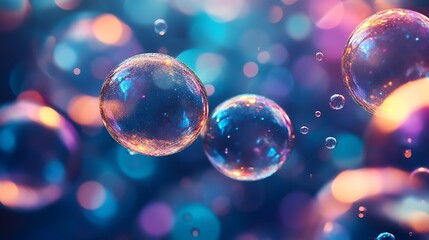Colorful bubbles float, bokeh background