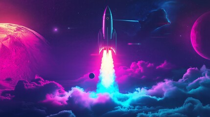 Poster - A retro-futuristic rocket blasting off from a neon-colored planet