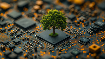 Poster - Tree growing from computer chip surrounded by circuitry with glowing lights. Digital nature and sustainability concept