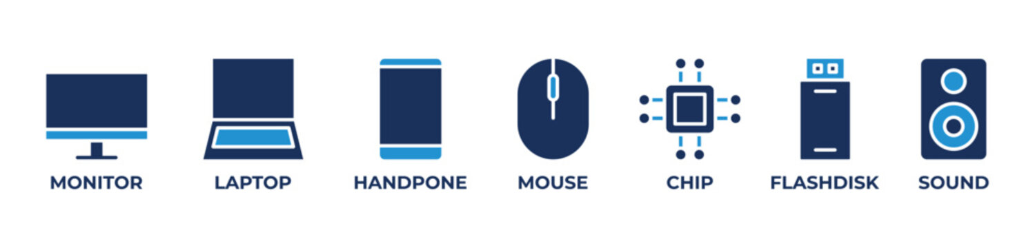 The Digital Core Icons set vector illustration outline with MONITOR, LAPTOP, HANDPHONE, MOUSE, CHIP, FLASHDISK, SOUND