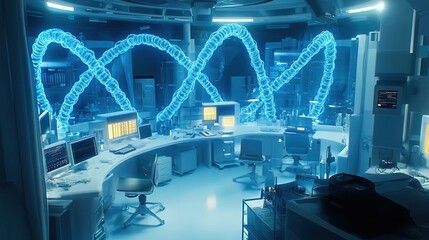 Poster - Futuristic Laboratory Interior with Advanced Technology and Neon DNA Helix Design in a Scientific Research Environment